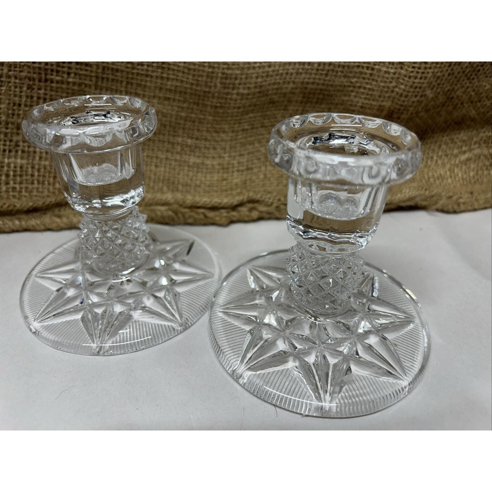 Set of 2 Clear Crystal Glass Candle Holders Eight Point Star And Diamond‎ Design - Picture 3 of 9